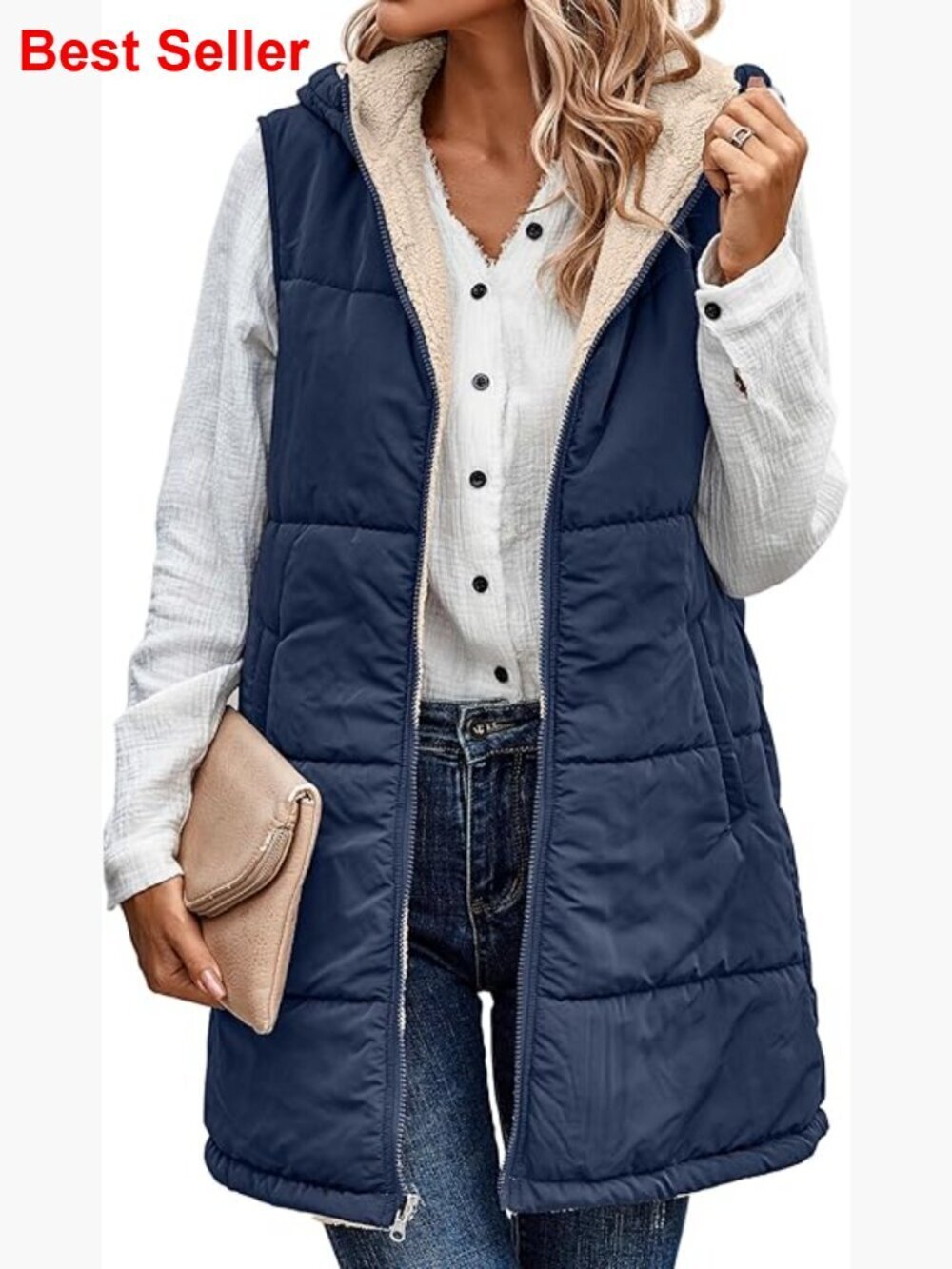 Long Puffer Vest Reversible Fleece Lined Hooded Sleeveless Coat